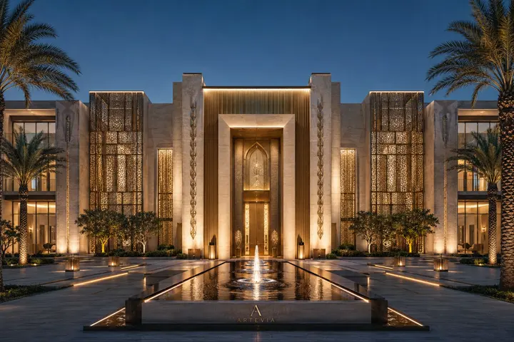 الواجهة الخارجية ليلاً بمشربيات مضيئة ومسطح مائي